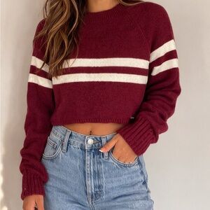 Hollister Maroon Cropped Crewneck Sweater with White Stripe